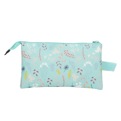 Estojo azul claro com padrão floral e fecho de correr