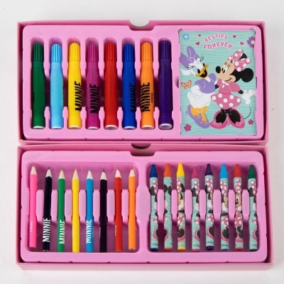 Conjunto de lápis e marcadores coloridos com personagens Minnie e Margarida em estojo rosa