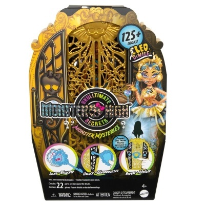 Embalagem do brinquedo Monster High Skulltimate Secrets com design preto e dourado e texto colorido