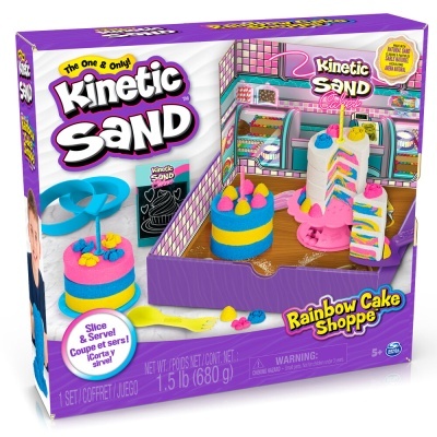 Caixa de jogo Kinetic Sand Rainbow Cake Shoppe com areia cinética colorida e moldes de bolo