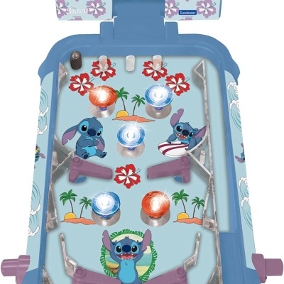 Aparelho de jogo pinball Stitch azul com iluminação e decoração tropical