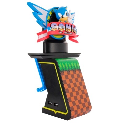 Stand de consola com figura do Sonic the Hedgehog e padrão quadriculado castanho e verde