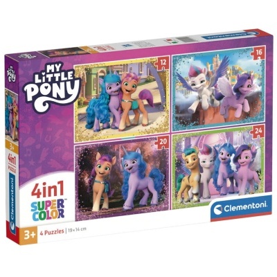 Caixa de puzzles My Little Pony Clementoni com 4 puzzles coloridos de diferentes peças