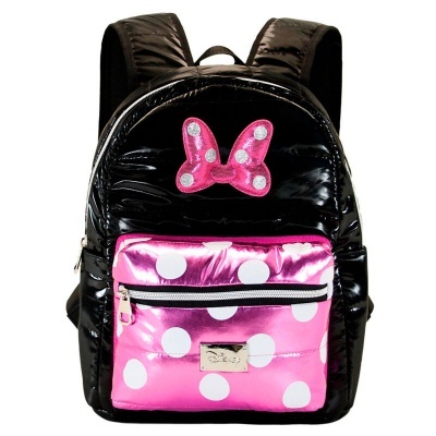 Mochila infantil preta com bolso rosa metálico e laço decorativo