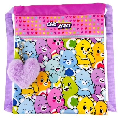 Mochila dos CARE BEARS em rosa e lilás com chaveiro de coração peludo