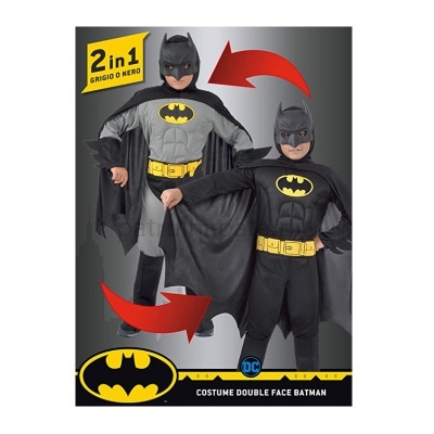 Fatos de Batman duplo face para criança, cinzento e preto, com capa, máscara e símbolo Batman.