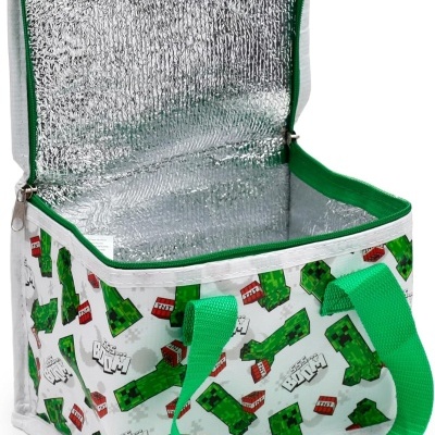 Mala térmica infantil branca com desenhos verdes pixelizados e alças verdes