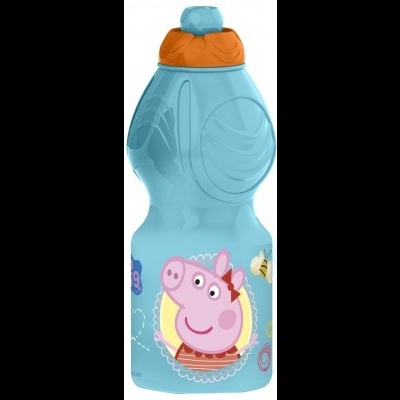 Garrafa plástica azul com tampa laranja e decoração da Peppa Pig