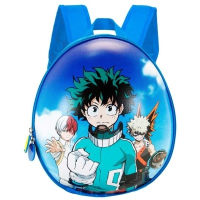 Mochila azul com personagens de anime coloridos e céu de fundo