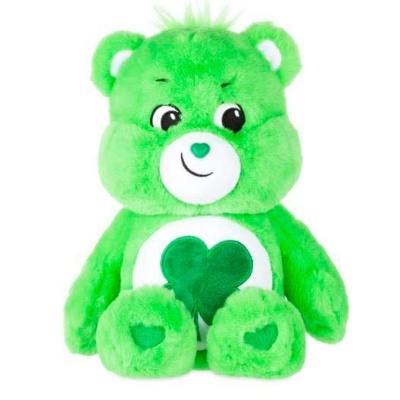 Urso de peluche verde com coração e trevo bordados