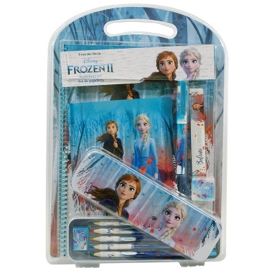 Conjunto escolar Frozen II com materiais e estojo com imagens de Anna e Elsa