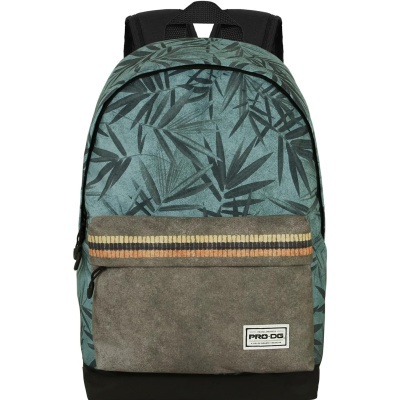 Mochila verde com padrão de folhas e bolso frontal cinzento com faixa riscada
