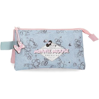 Estojo azul claro com padrão de Minnie Mouse, fecho rosa, e pendente de laço