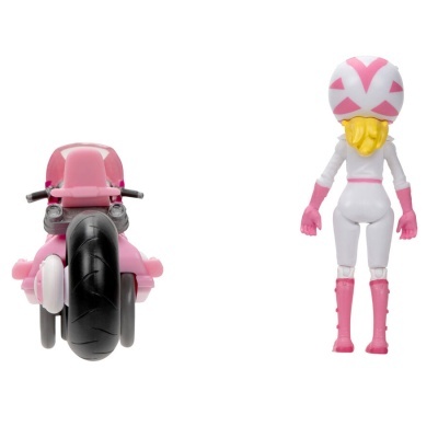 Figura de ação com fato branco e rosa e capacete, com mota rosa
