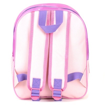 Mochila rosa claro com alças lilás ajustáveis