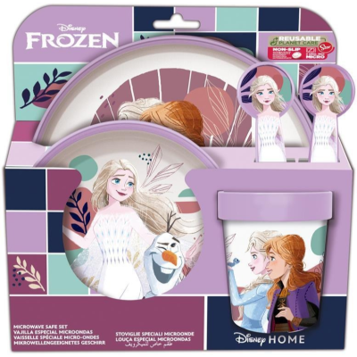 Conjunto de loiça reutilizável Disney Frozen com pratos, taça e copo decorados com personagens Elsa, Anna e Olaf