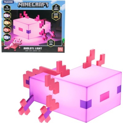 Lâmpada Minecraft Axolotl Light rosa pixelizada com embalagem ao fundo