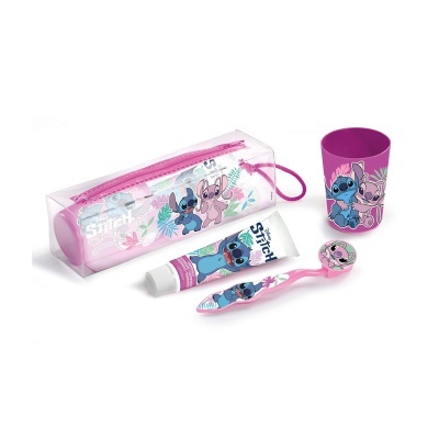 Conjunto higiene oral infantil com personagens Stitch em estojo transparente rosa.