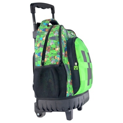 Mochila com carrinho de rodas e padrão pixelado verde com bolsos e fechos pretos