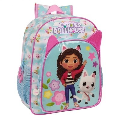 Mochila infantil com Gabby's Dollhouse com personagens e orelhas rosa
