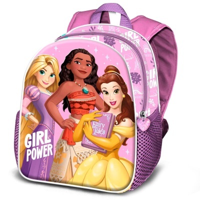 Mochila infantil rosa e lilás com princesas Disney e texto GIRL POWER
