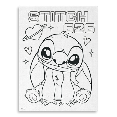 Tela branca com desenho de Stitch, corações, estrelas e textos STITCH 626 em preto.