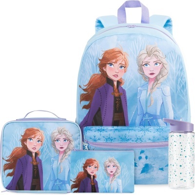 Conjunto escolar Frozen com mochila, estojo, bolsa e garrafa em azul e lilás.
