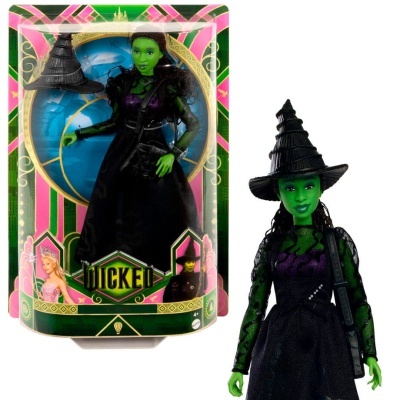 Boneca de bruxa verde com vestido preto e chapéu preto em embalagem colorida WICKED