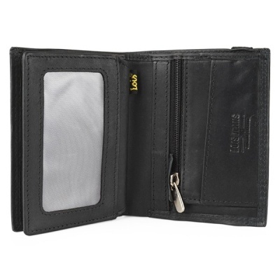 Carteira preta de couro aberta com múltiplos compartimentos