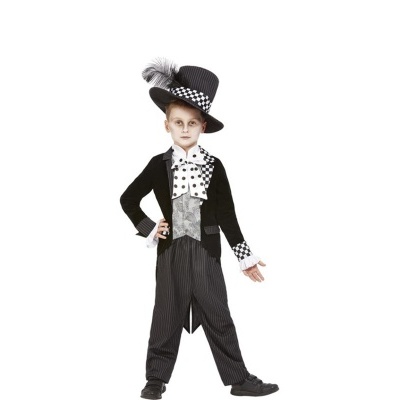 Fato infantil preto e branco com padrão xadrez e chapéu alto