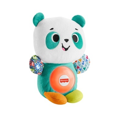 Urso panda de peluche com botão laranja Fisher-Price e patas coloridas