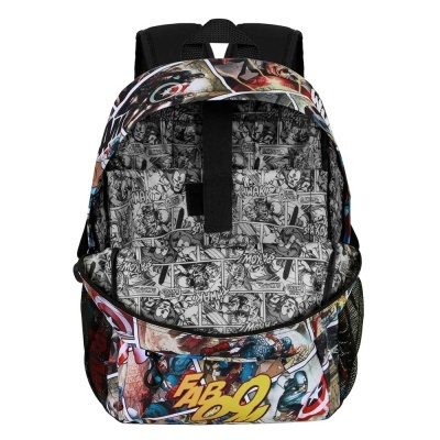 mochila colorida de super-heróis aberta com interior em design de banda desenhada preto e branco