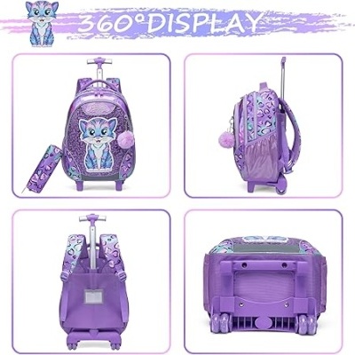 Mochila de rodinhas roxa com estampa de gatinho e pompom cor de rosa