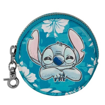 Bolsa redonda com fecho azul e imagem do Stitch
