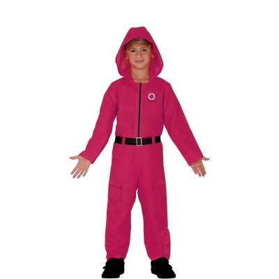 Macacão infantil rosa com capuz, fecho de correr e cinto preto