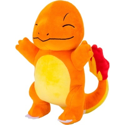 Pelúcia do personagem Charmander laranja com barriga amarela e cauda flamejante