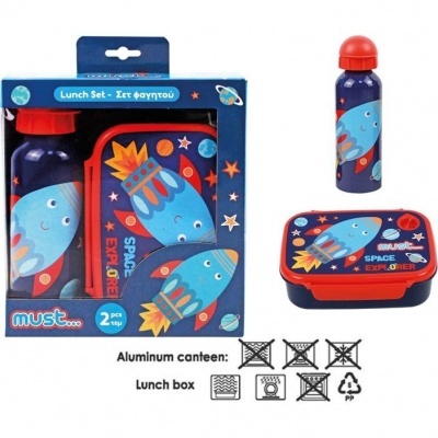 Conjunto de almoço com cantil e caixa decorados com foguete e tema espacial