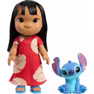 Boneca Lilo com vestido vermelho e padrão de folhas, e boneco azul Stitch sentado