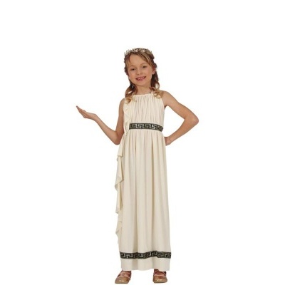 Vestido comprido branco de criança com padrão preto na cintura e barra