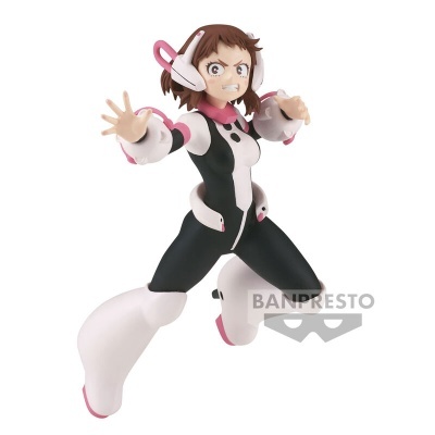 Figura de ação de personagem animada com fato preto, branco e rosa