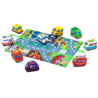 Conjunto de brinquedos de tecido com tapete e carrinhos coloridos macios