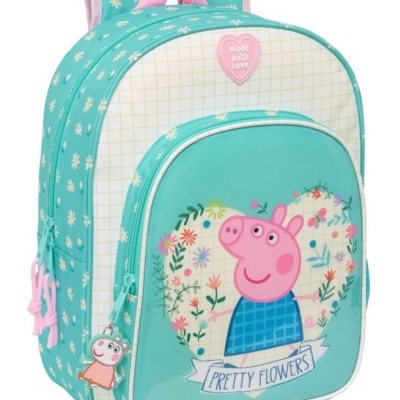 Mochila infantil azul com estampa de porco rosa e flores, texto Pretty Flowers