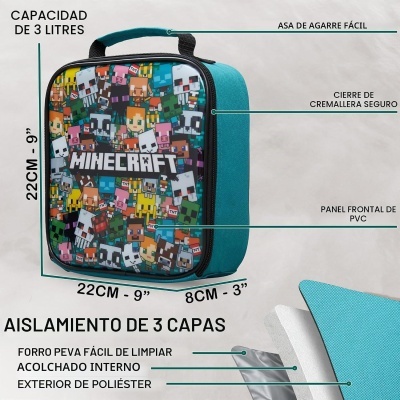 Mala portátil azul com estampa Minecraft e texto explicativo das características técnicas.