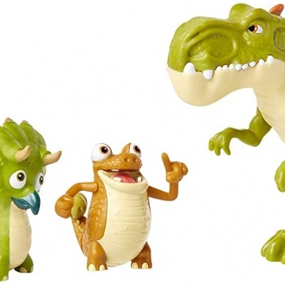 Cinco bonecos de dinossauros coloridos em diferentes tamanhos