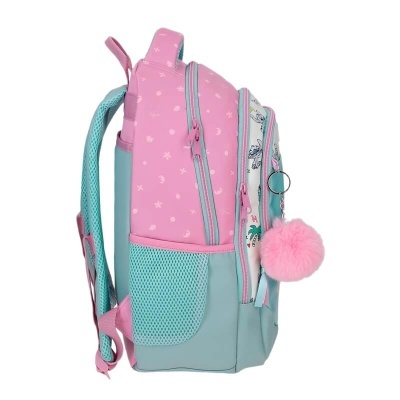 Mochila rosa e azul com pompom cor-de-rosa