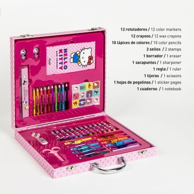 Estojo rosa Hello Kitty com materiais de arte organizados
