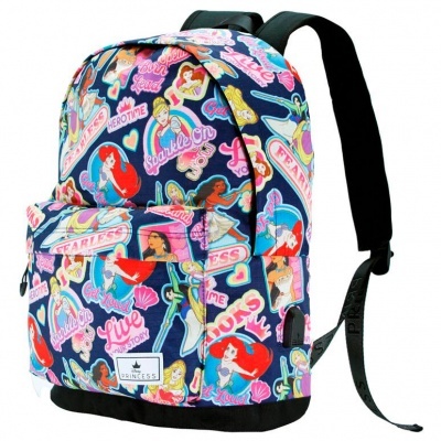 Mochila colorida com padrão de princesas Disney e textos inspiradores