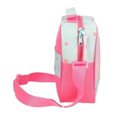 Mala pequena rosa e azul com padrões de flores e alça ajustável