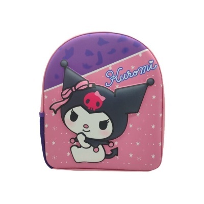 Mochila pequena rosa e roxa com estampa da personagem Huromi e estrelas brancas.