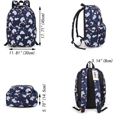 Mochila azul escura com padrão de coelhos brancos vista de vários ângulos e com medidas indicadas